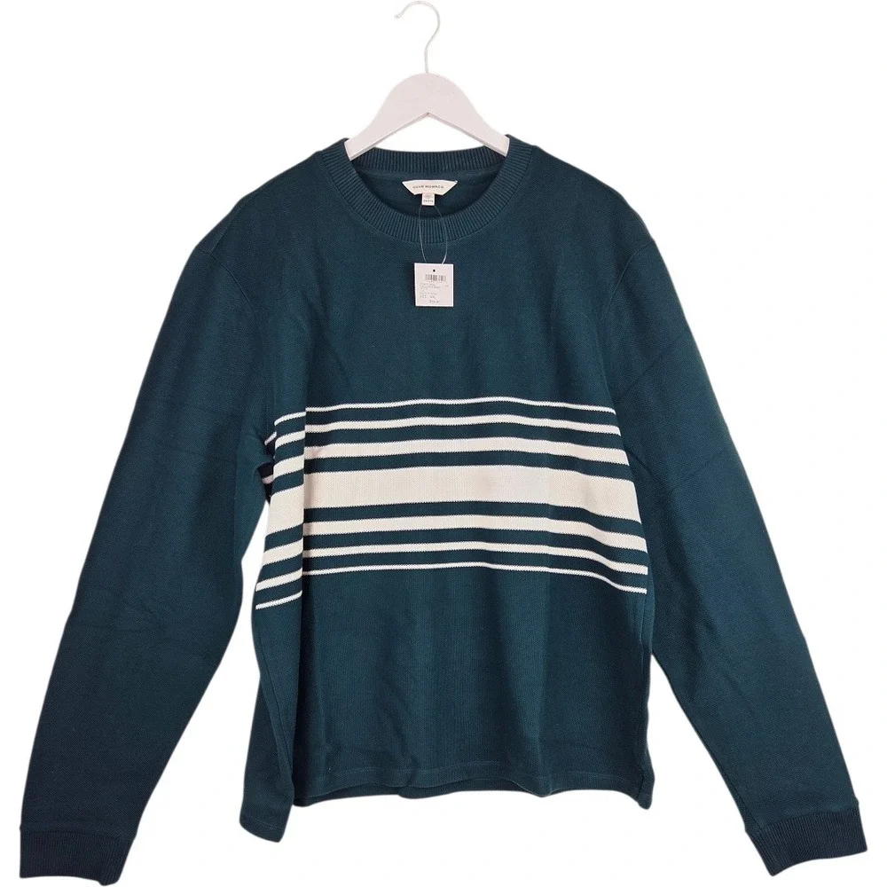 NWT Club Monaco Sweater knit 100%‎ cotton Teal Pique Stripe Crew Neck XXL